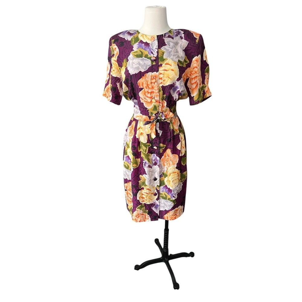 Caroline Wells Vintage 100% Silk Floral Purple Dress Size 10 Whimsigoth Feminine